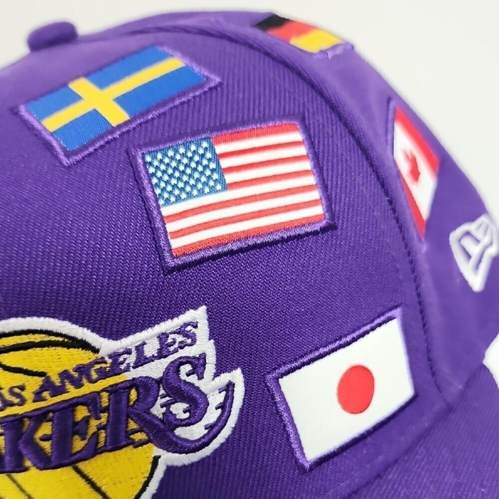 NWOT New Era Los Angeles Lakers Purple Snapback Hat Various National Flags - Picture 8 of 8